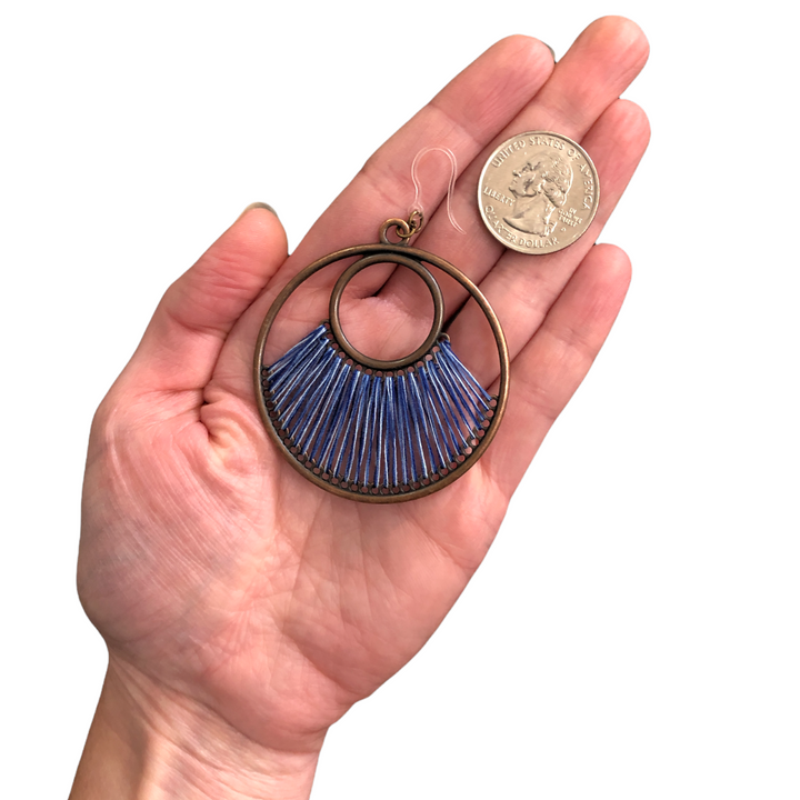 Bronze String Hoop Earrings (Dangles) - size comparison quarter & hand