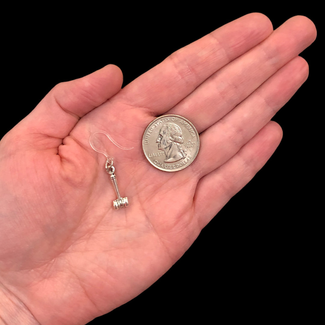 Tiny Gavel Earrings (Dangles) - size comparison quarter & hand