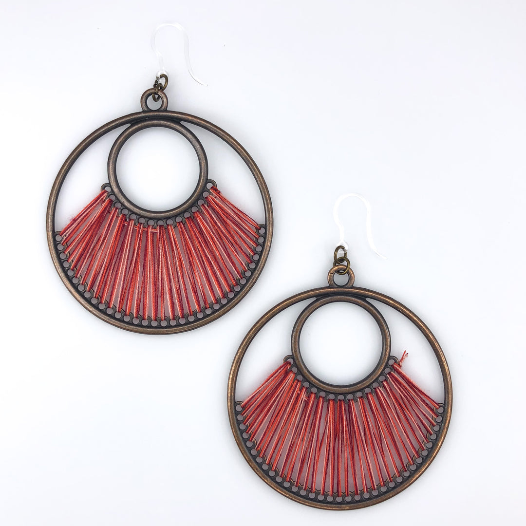 Bronze String Hoop Earrings (Dangles) - pink/red