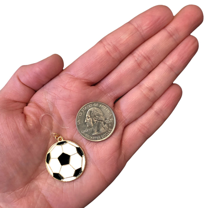 Soccer Ball Earrings (Dangles) - size comparison quarter & hand