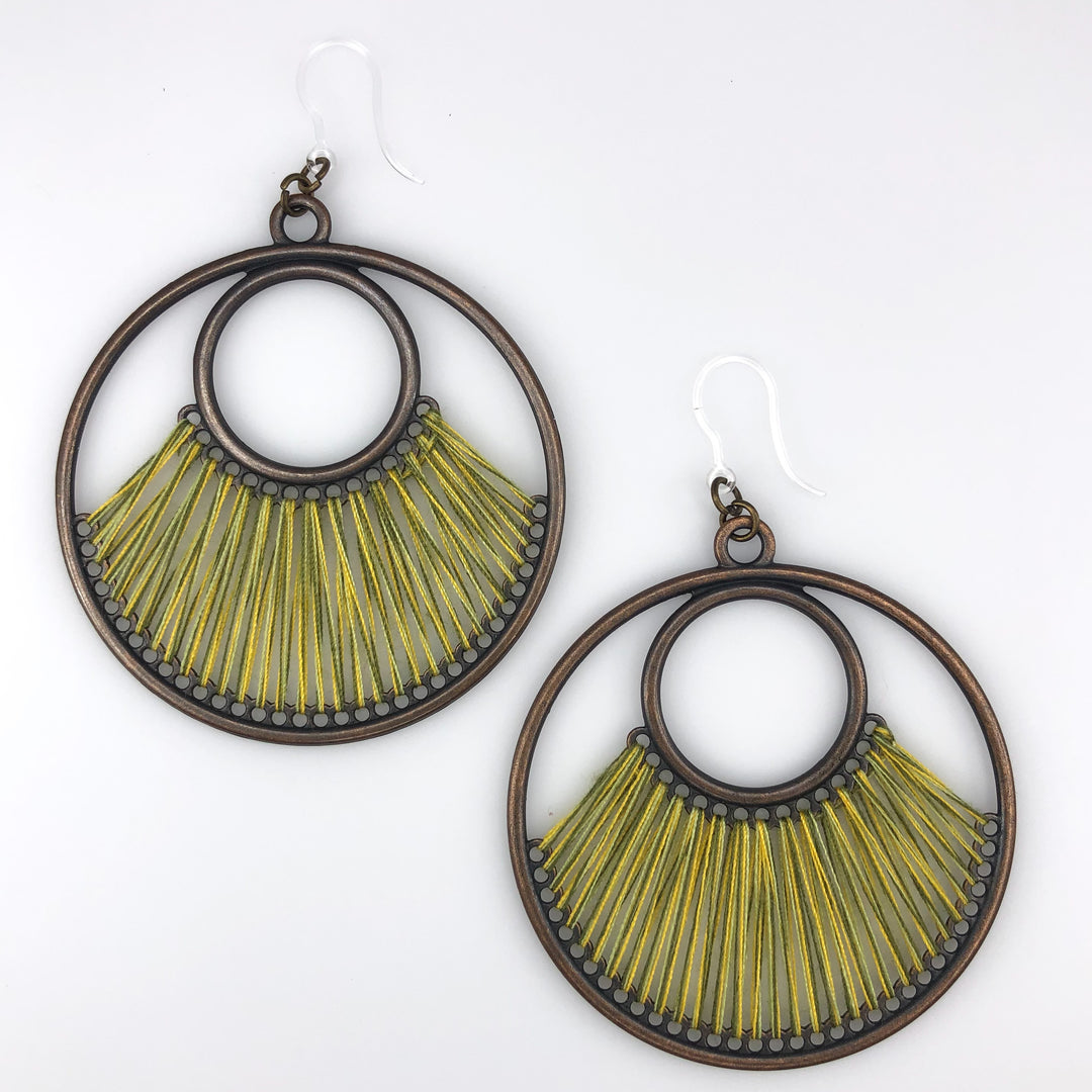 Bronze String Hoop Earrings (Dangles) - yellow/green