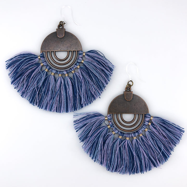 Bronze Sun Tassel Earrings (Dangles) - blue