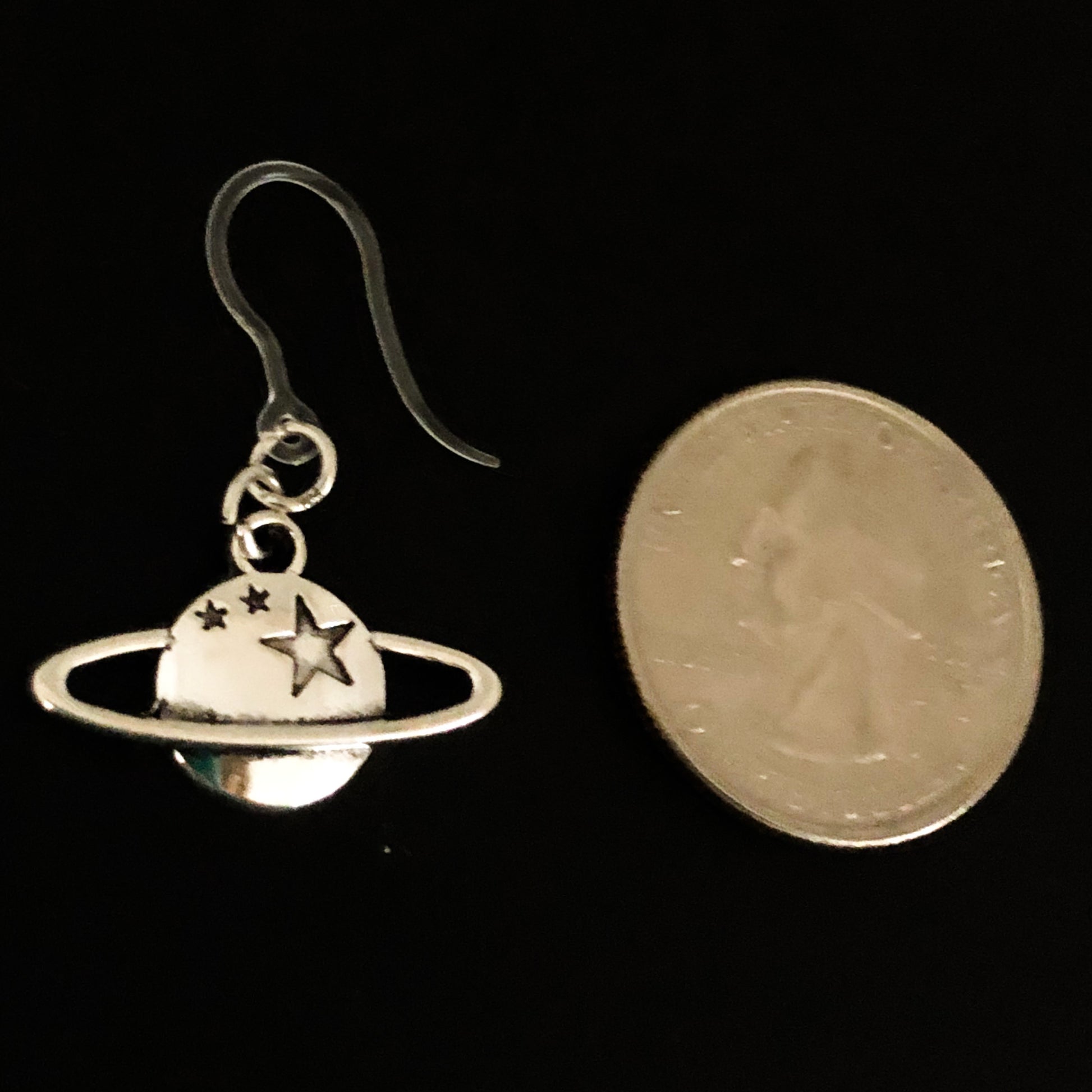Silver Ringed Planet Earrings (Dangles) - size comparison quarter