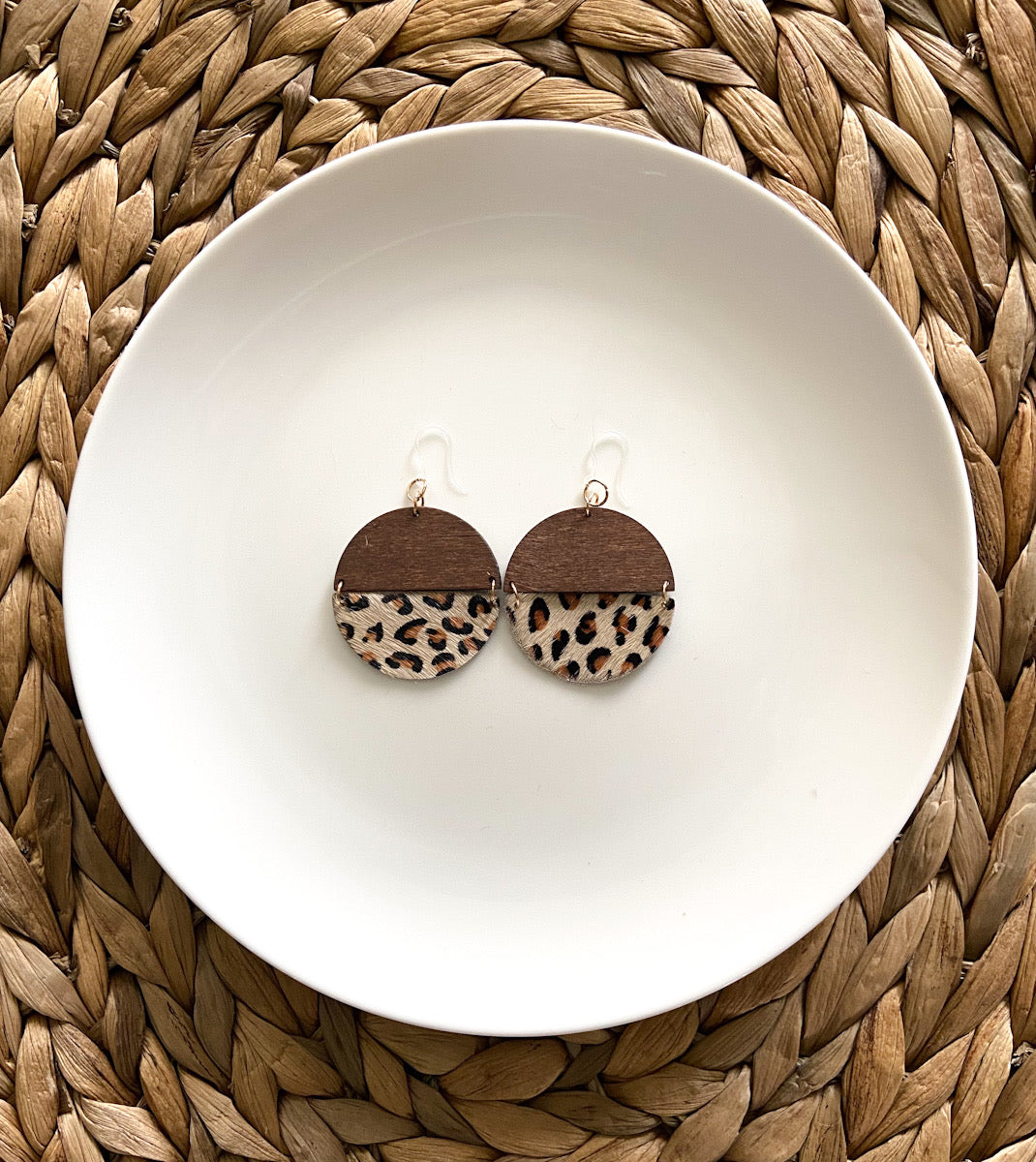 Wood Leather Animal Print Earrings (Dangles)