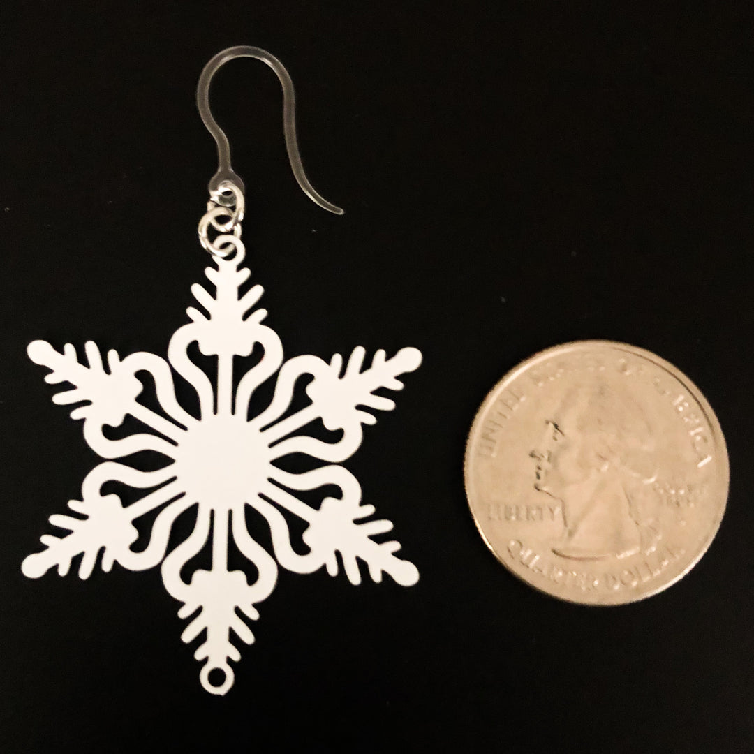 Paper Cut-Out Snowflake Earrings (Dangles) - size comparison quarter