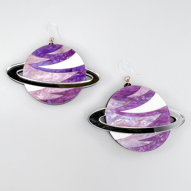 Exaggerated Saturn Earrings (Dangles) - purple/silver
