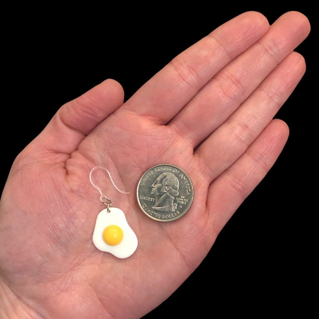 Sunny Side Up Fried Egg Earrings (Dangles) - size comparison quarter & hand