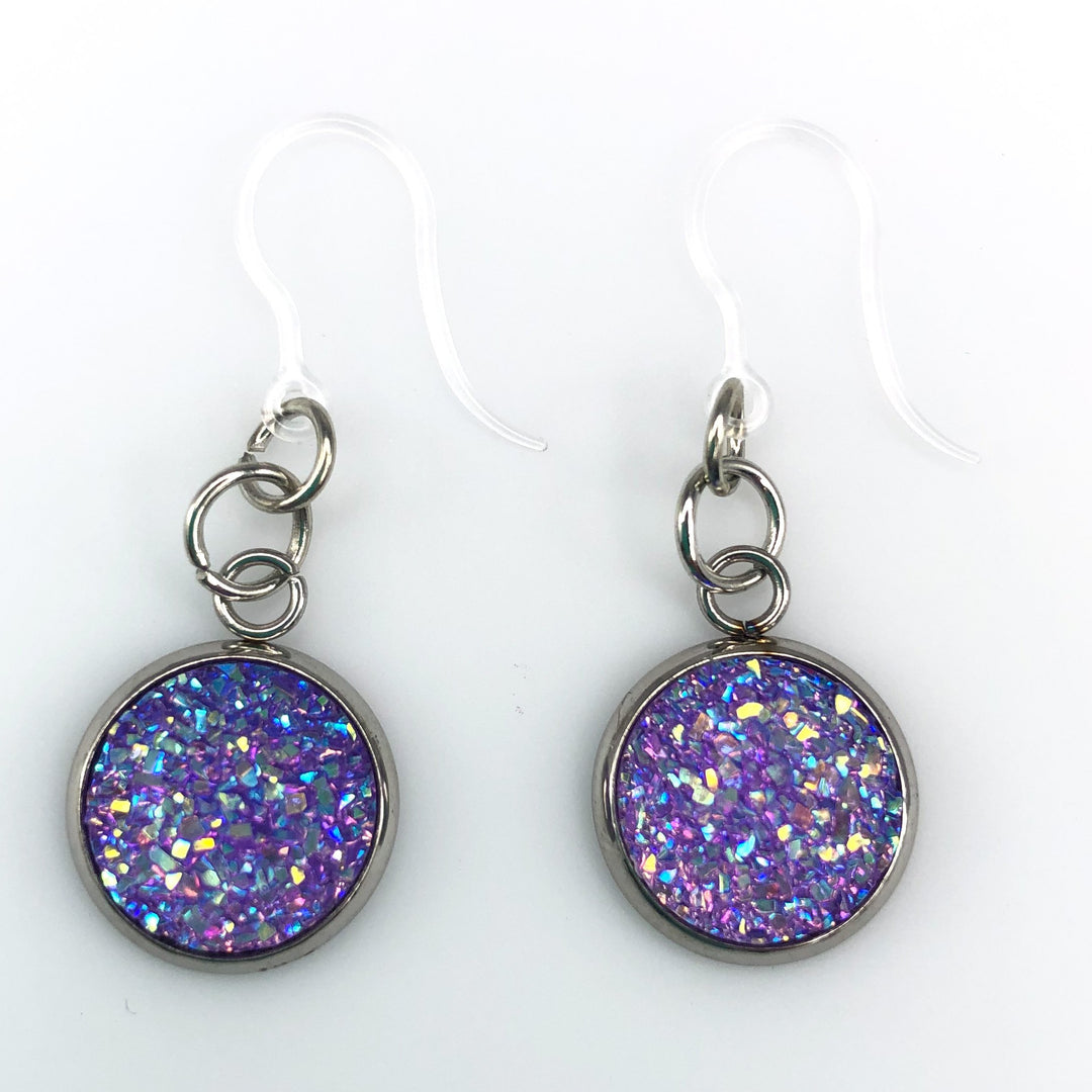 Silver Plated Faux Druzy Earrings (Dangles) - purple