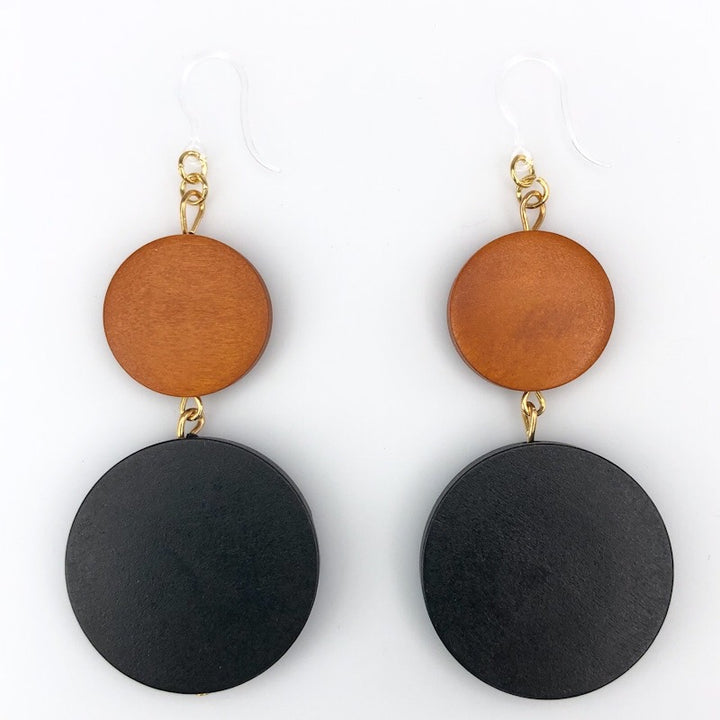 Wooden Color Block Earrings (Dangles) - brown/black