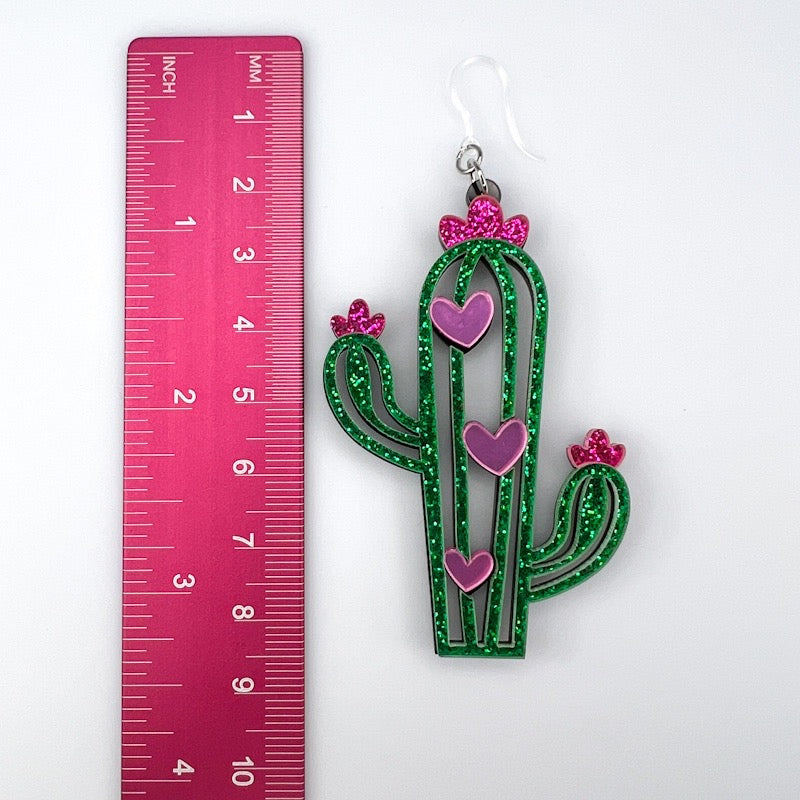 Exaggerated Cactus Heart Earrings (Dangles) - size