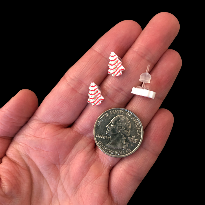 Christmas Tree Cake Earrings (Studs) - size comparison quarter & hand