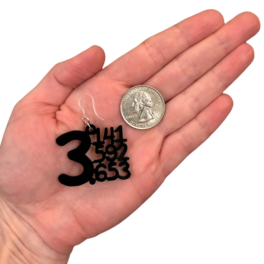 Exaggerated Pi Earrings (Dangles) - size comparison quarter & hand