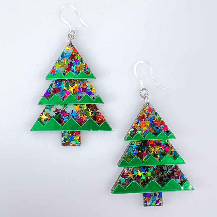 Exaggerated Christmas Tree Earrings (Dangles) - star glitter