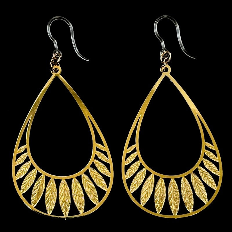 Feathered Water Drop Earrings (Dangles) - gold