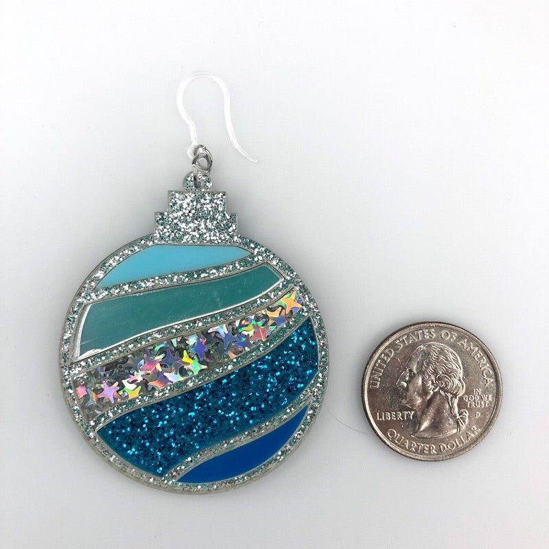 Exaggerated Christmas Ornament Earrings (Dangles) - size comparison quarter