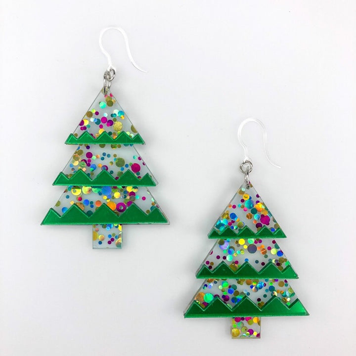 Exaggerated Christmas Tree Earrings (Dangles) - bubble glitter