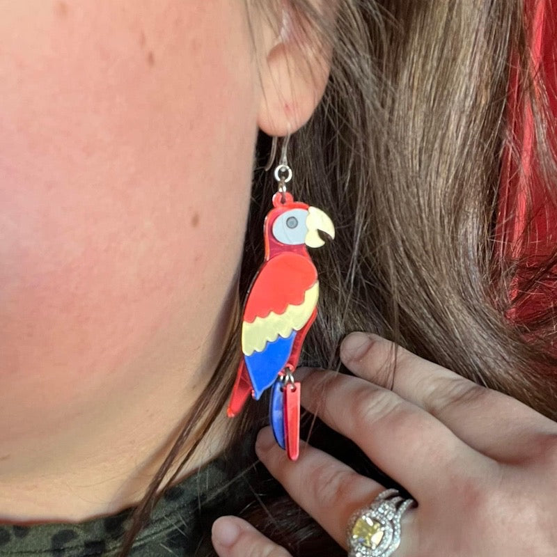 Exaggerated Parrot Earrings (Dangles) - size comparison ear