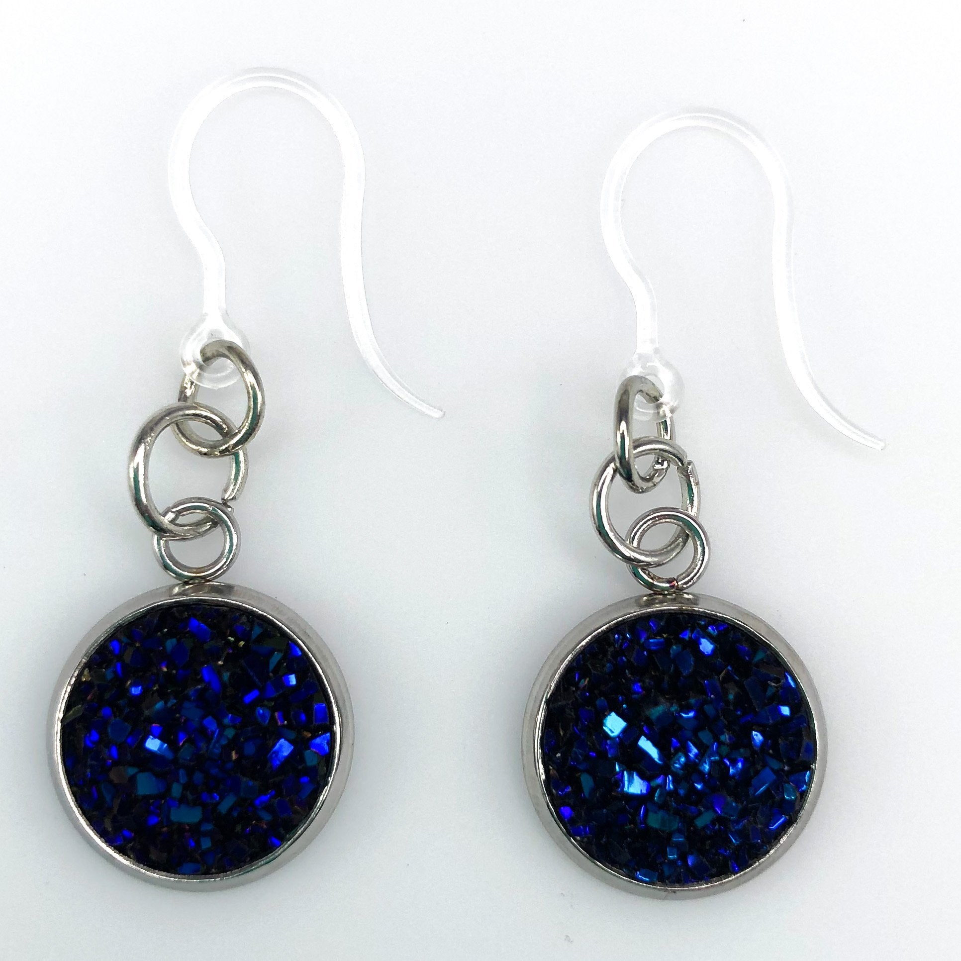 Silver Plated Faux Druzy Earrings (Dangles) - deep blue