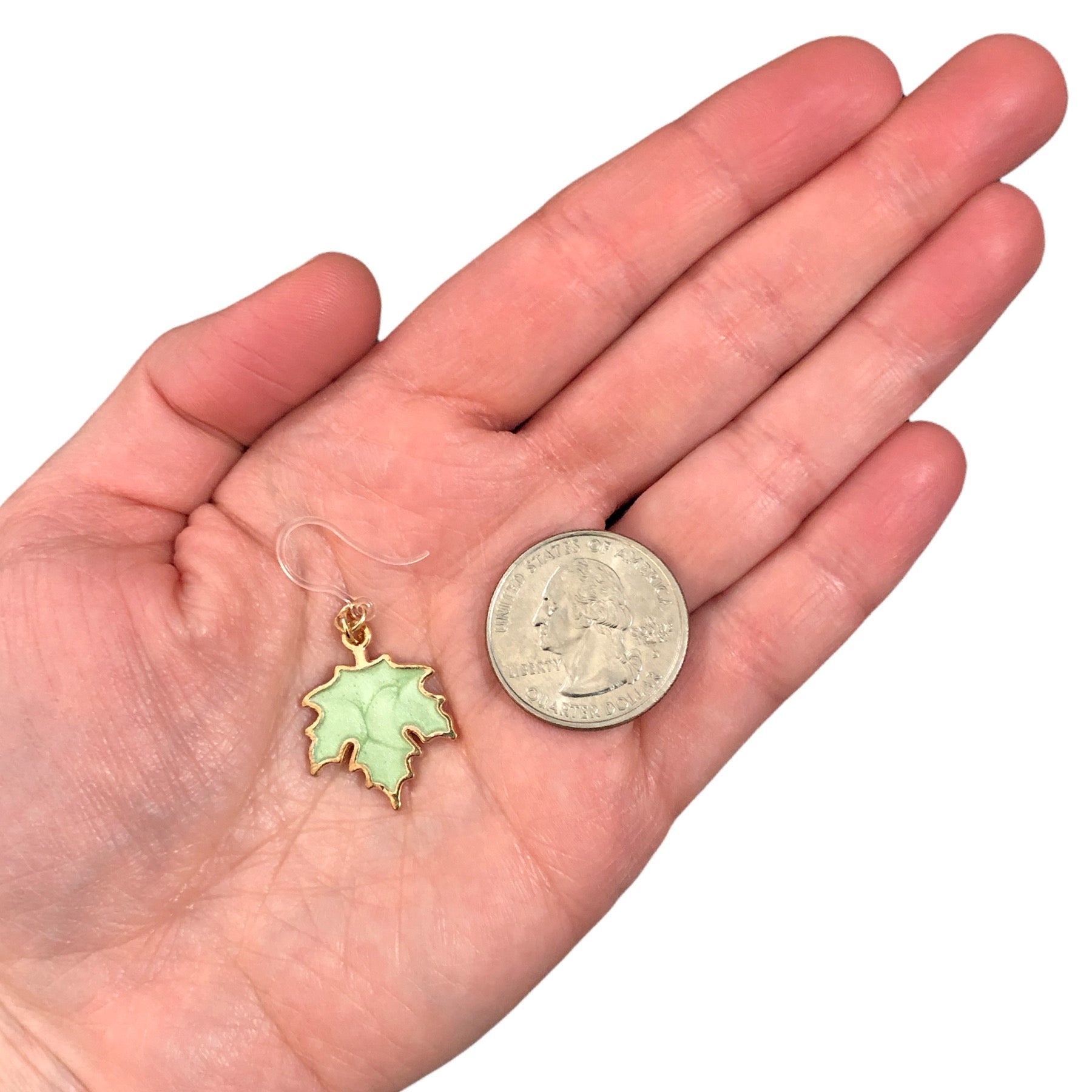 Maple Leaf Earrings (Dangles) - size comparison quarter & hand