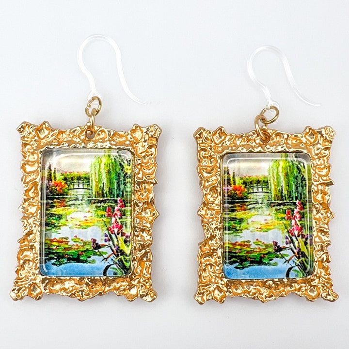 Monet Framed Art Earrings (Dangles) - green
