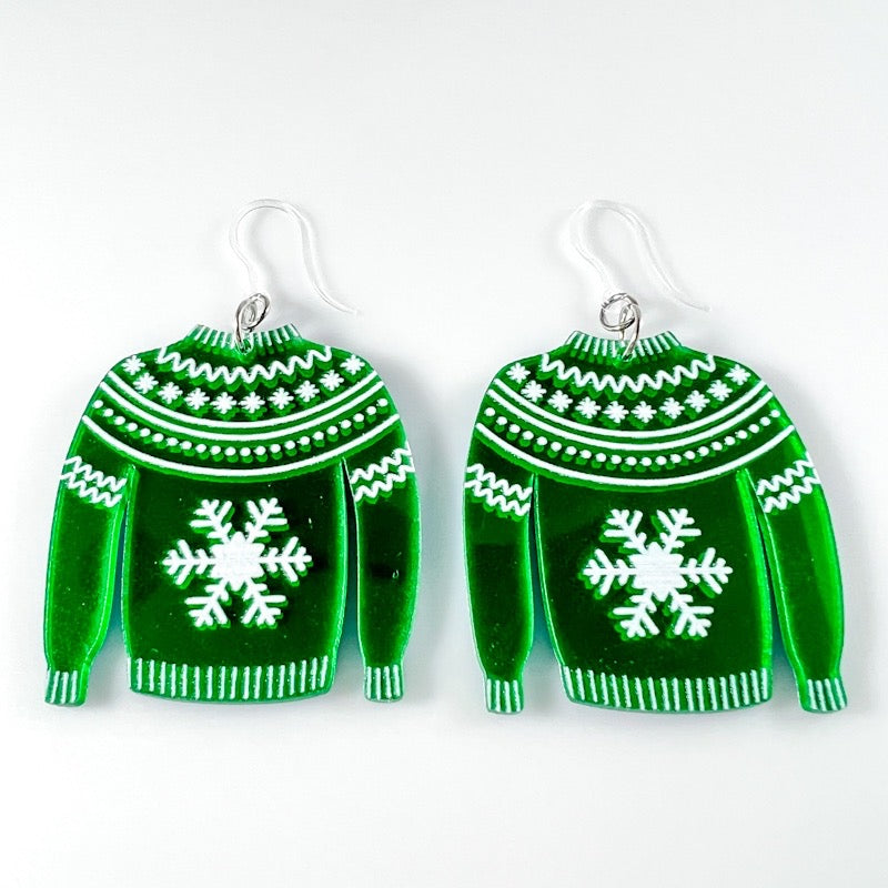 Exaggerated Christmas Sweater Earrings (Dangles) - green