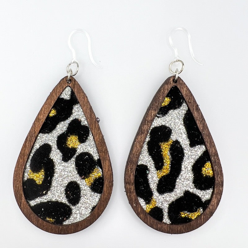 Wooden Frame Earrings (Dangles) - glitter leopard