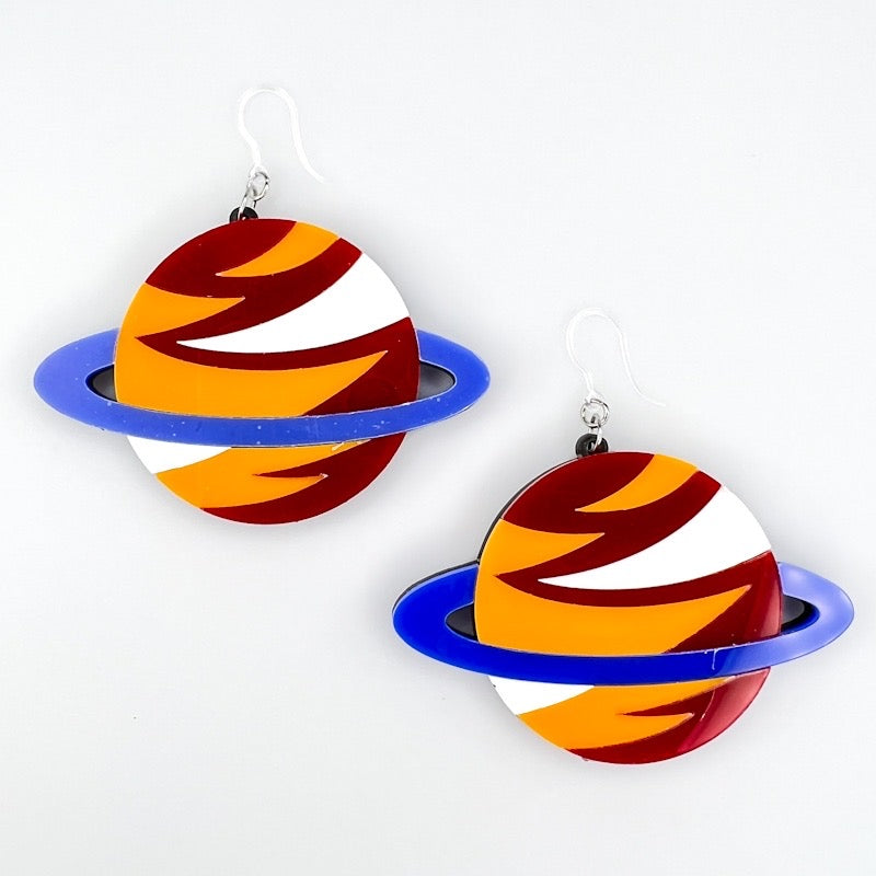 Exaggerated Saturn Earrings (Dangles) - red/orange/blue