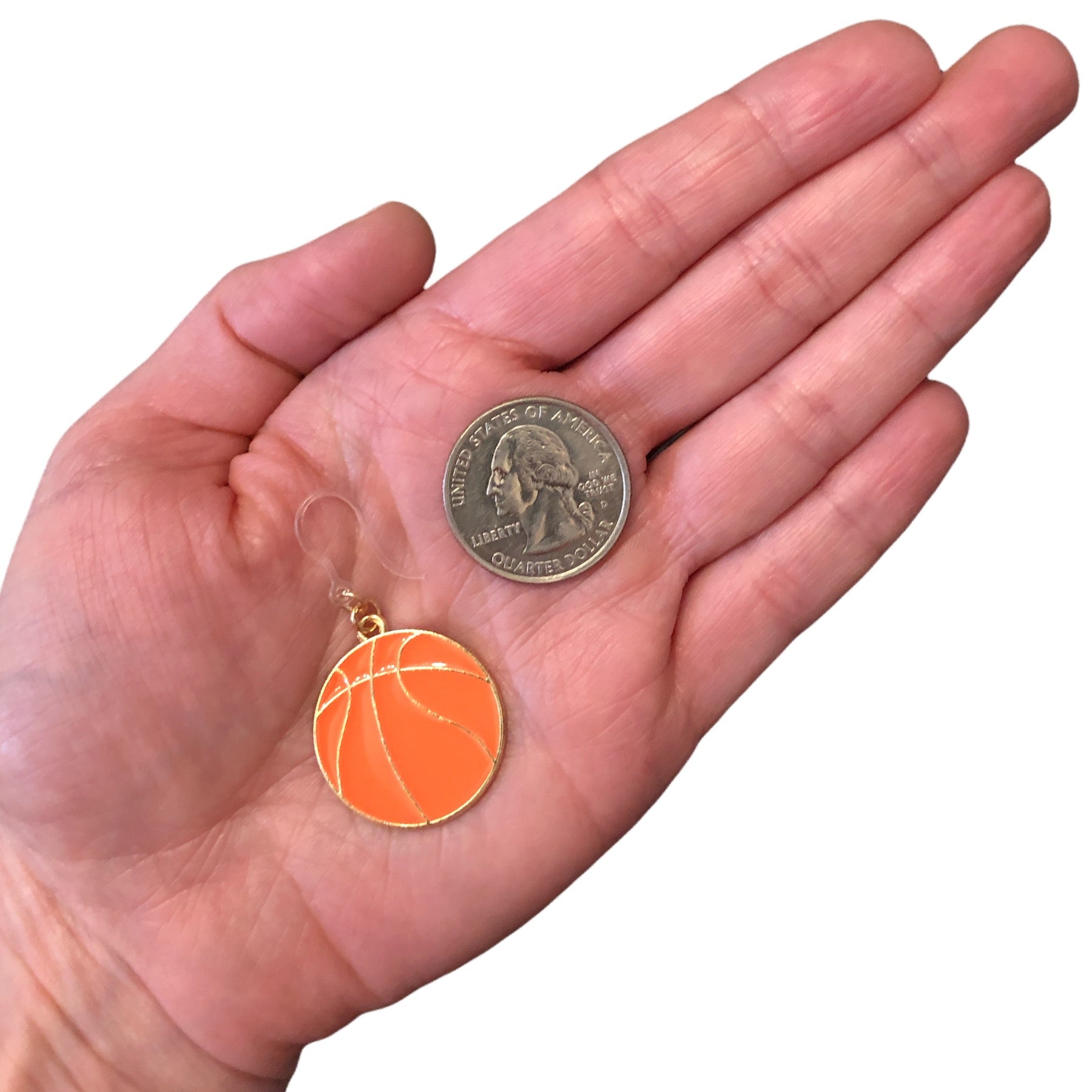 Basketball Earrings (Dangles) - size comparison quarter & hand